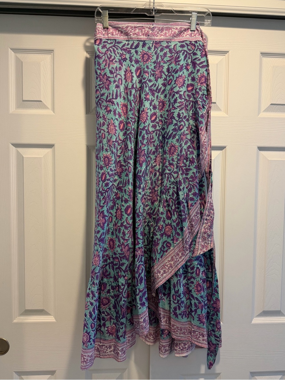 HUNTER BELL, Wrap Maxi Skirt, Seafoam Green with Purple Floral Print, Size M